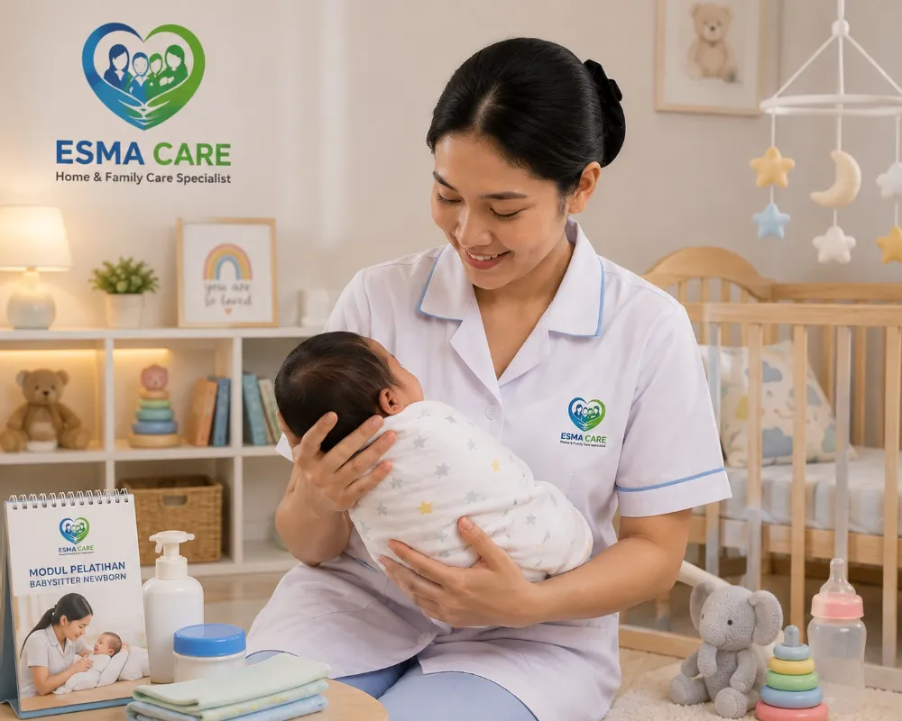 Babysitter EsmaCare menggendong bayi di kamar anak